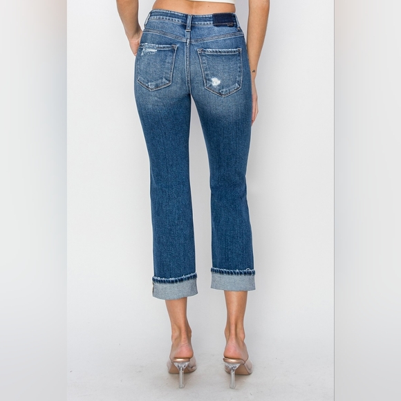 RISEN High-Rise Straight Leg Cuffed Cropped Hem Jeans Distressed Raw Denim Pants - Picture 10 of 13